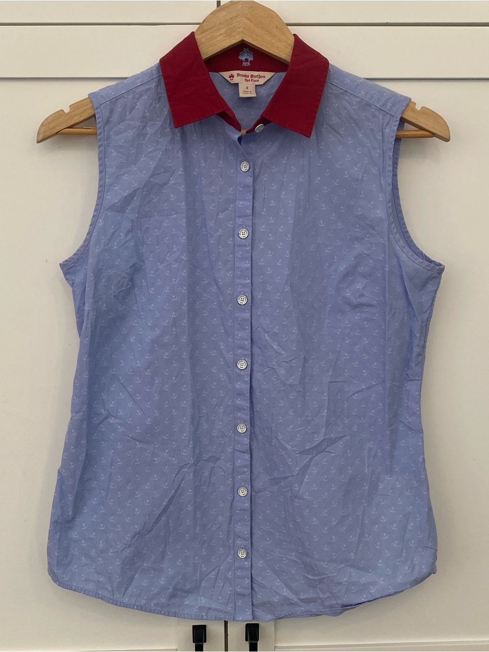 Brooks Brothers Sleeveless Button-Down Top Light Blue Anchors Red Collar Size 6
